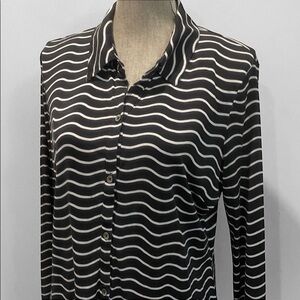Pink Tartan Button-Up Shirt Wavy Stripe Long Sleeve Black White Size large
